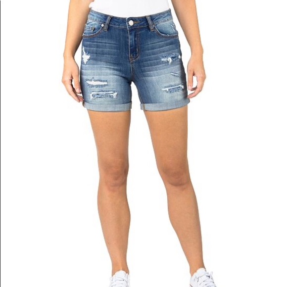 Indigo Rein Juniors' Destructed Denim Midi Shorts - Picture 1 of 3